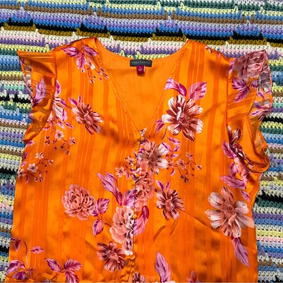 Vince Camuto Orange Rio Gardens floral v-neck button down peplum top blouse - Picture 3 of 7